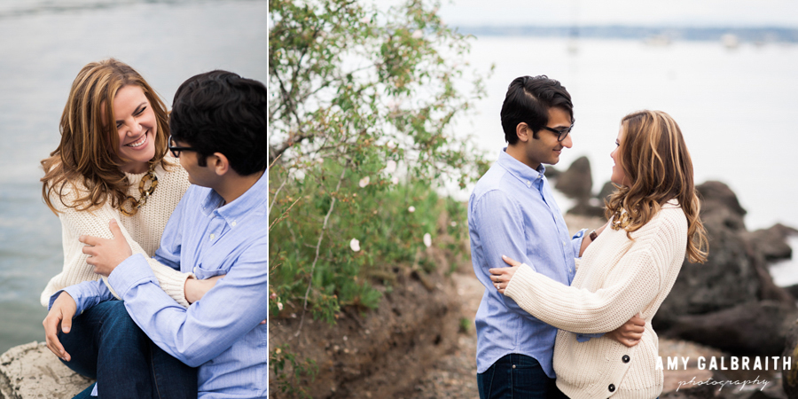 couple snuggling during engagement photos