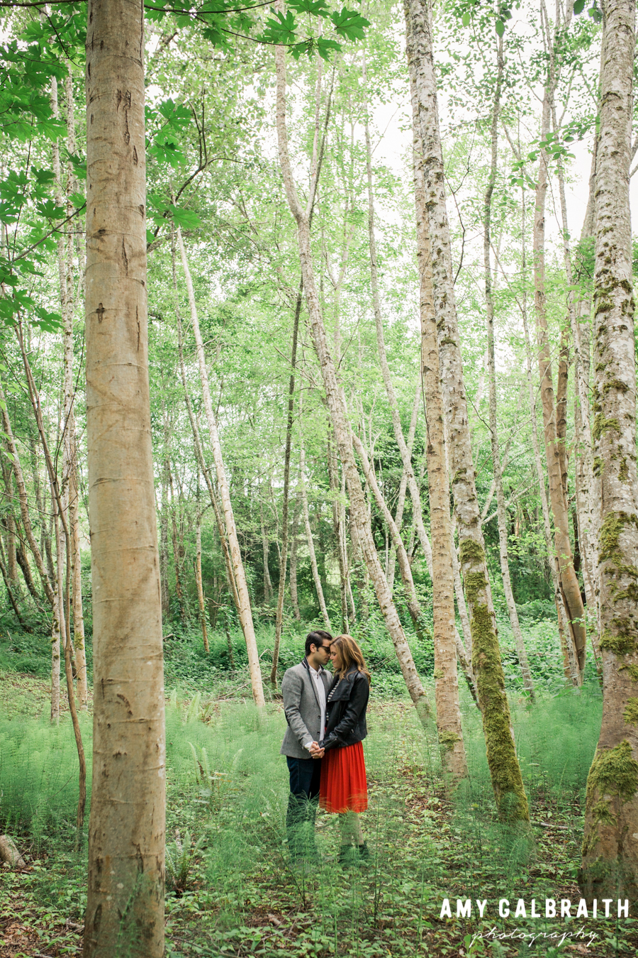 couple amidst tall trees during engagement session on bainbridge island