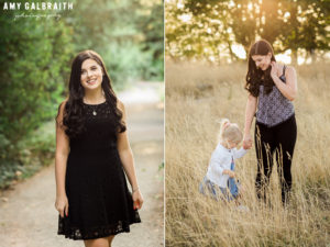 high school senior with baby sister in tall grass