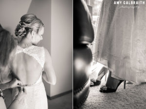 bride getting wedding dress and shoes on
