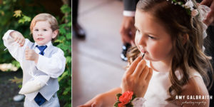 flower girl putting on lipstick and ring bearer playing with pillow