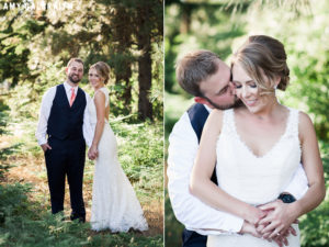bride and groom in the woods at their summer wedding at swiftwater cellars
