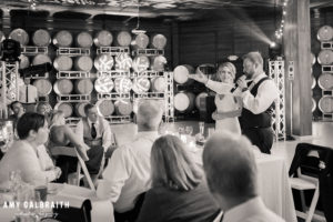 bride and groom welcoming guests with a toast at wedding reception
