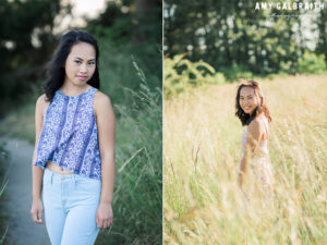 high school senior wearing light wash jeans stands among grass at discovery park