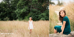high school senior in white dress among tall grass at discovery park