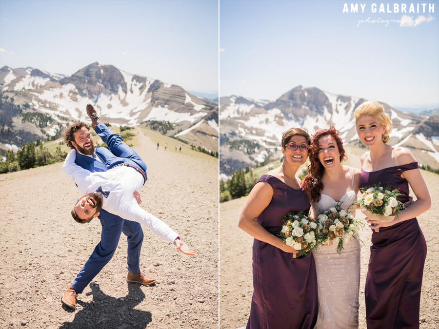 wedding party being goofy on mountain top
