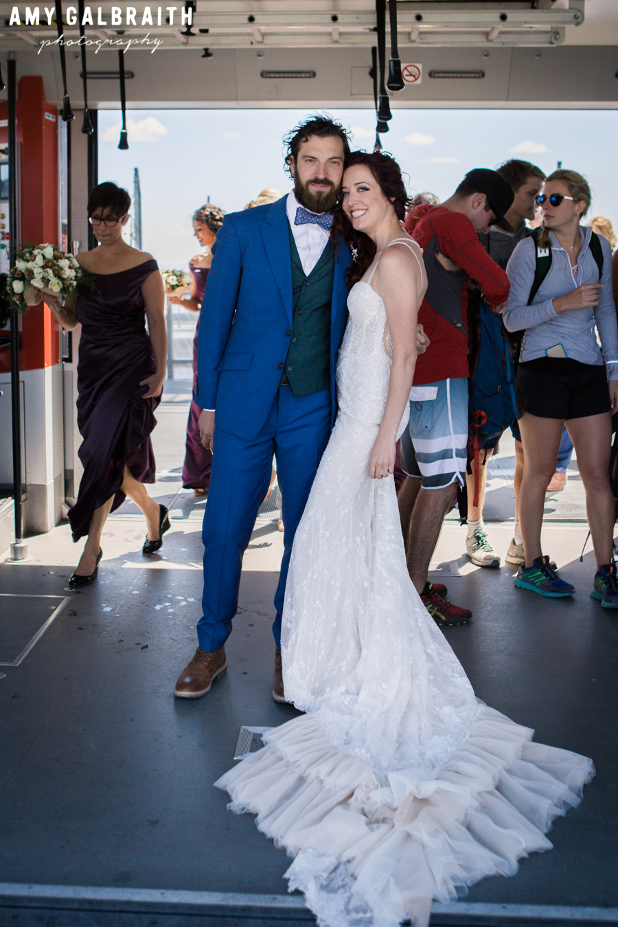 bride and groom boarding jackson hole tram