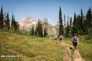 hikers on the way to wing lake in the north cascades
