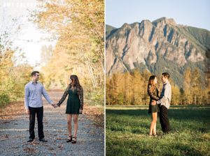 couple standing on path with fall leaves in snoqualmie