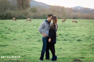 couple stands in front of herd of elk during snoqualmie engagement session