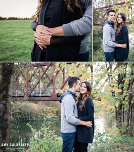 couple standing near bridge over snoqualmie river