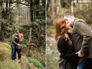 a couple having an intimate moment in the woods off of Stevens Pass