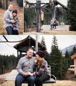 a couple sitting on the brooks chairlift during their stevens pass engagement session