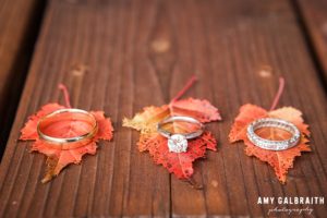 wedding rings on fall leaves