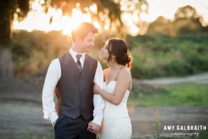 bride and groom at sunset at hidden meadows wedding in snohomish