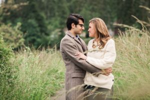 well dressed couple with professional makeup during engagement session on bainbridge island