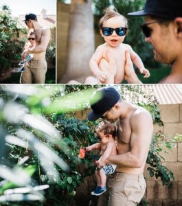 baby exploring desert flowers in arizona