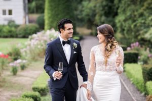 bride and groom sipping champagne at carnation farms