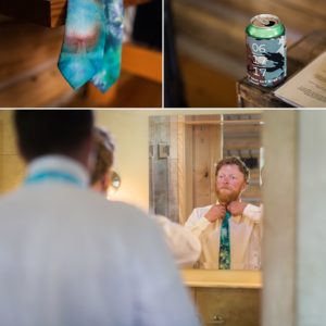 groom putting on tie dyed tie for wedding