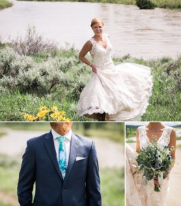 bride with wildflower bouquet in jackson hole