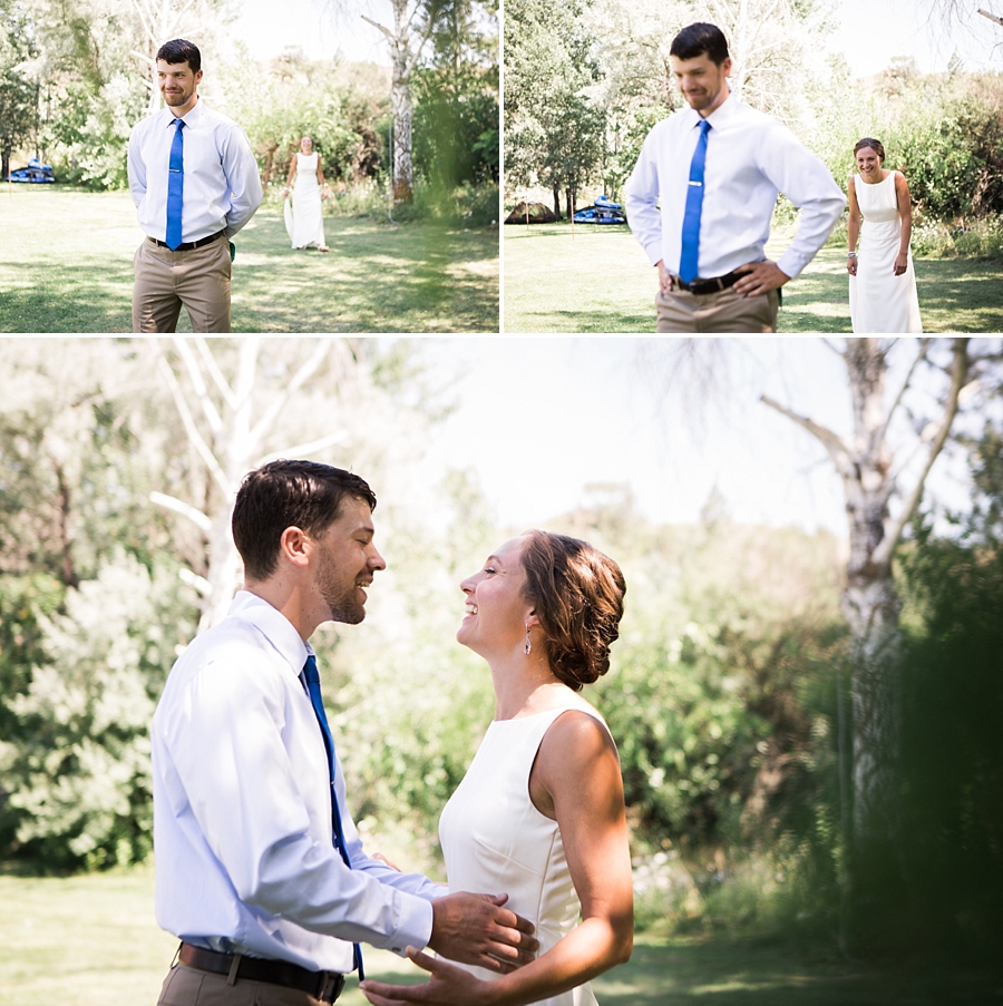 first look during a backyard wedding in the methow valley