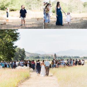 bride walks down the aisle during casual mountain wedding ceremony in the north cascades
