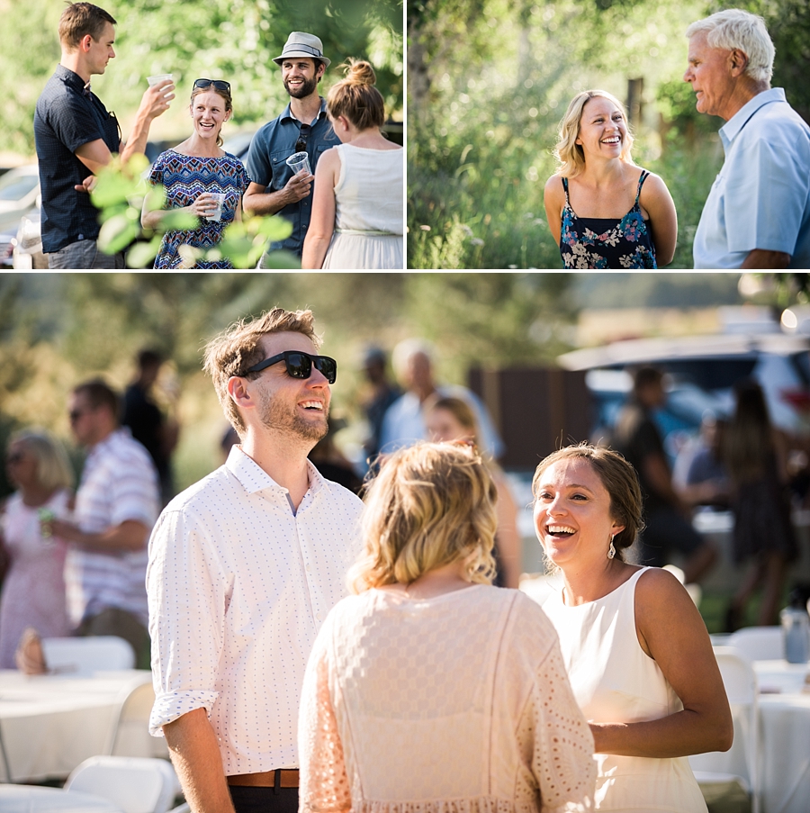 bride and groom socialize with guests during casual backyard wedding