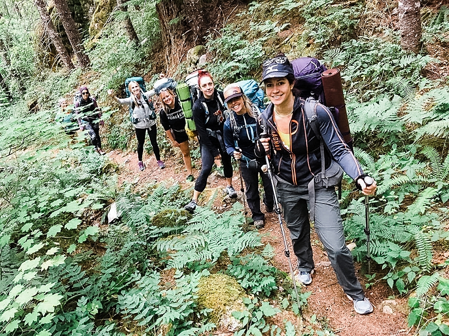 women hiking to fortune ponds