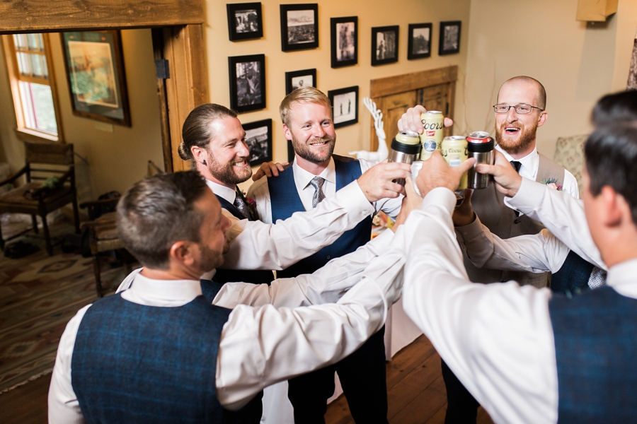 groomsmen toasting beer before wedding at linn canyon ranch