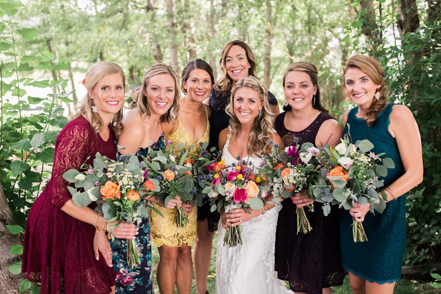 bright and colorful bridesmaids dresses at linn canyon ranch jackson hole wedding