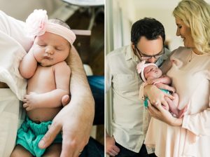 newborn baby girl wearing flower headband being snuggled by parents during lifestyle newborn session