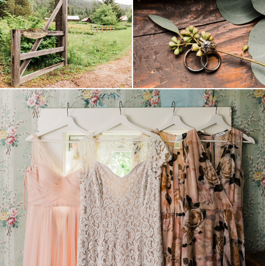 Mountain Wedding Photography by Amy Galbraith at the Brown Family Homestead in Leavenworth, Washington with pink and floral bridesmaid dresses