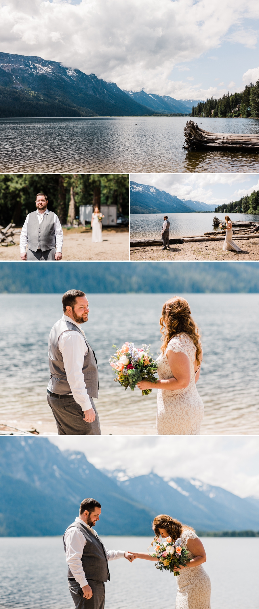 Mountain Wedding Photography by Amy Galbraith at the Brown Family Homestead in Leavenworth, Washington with first look by a mountain lake