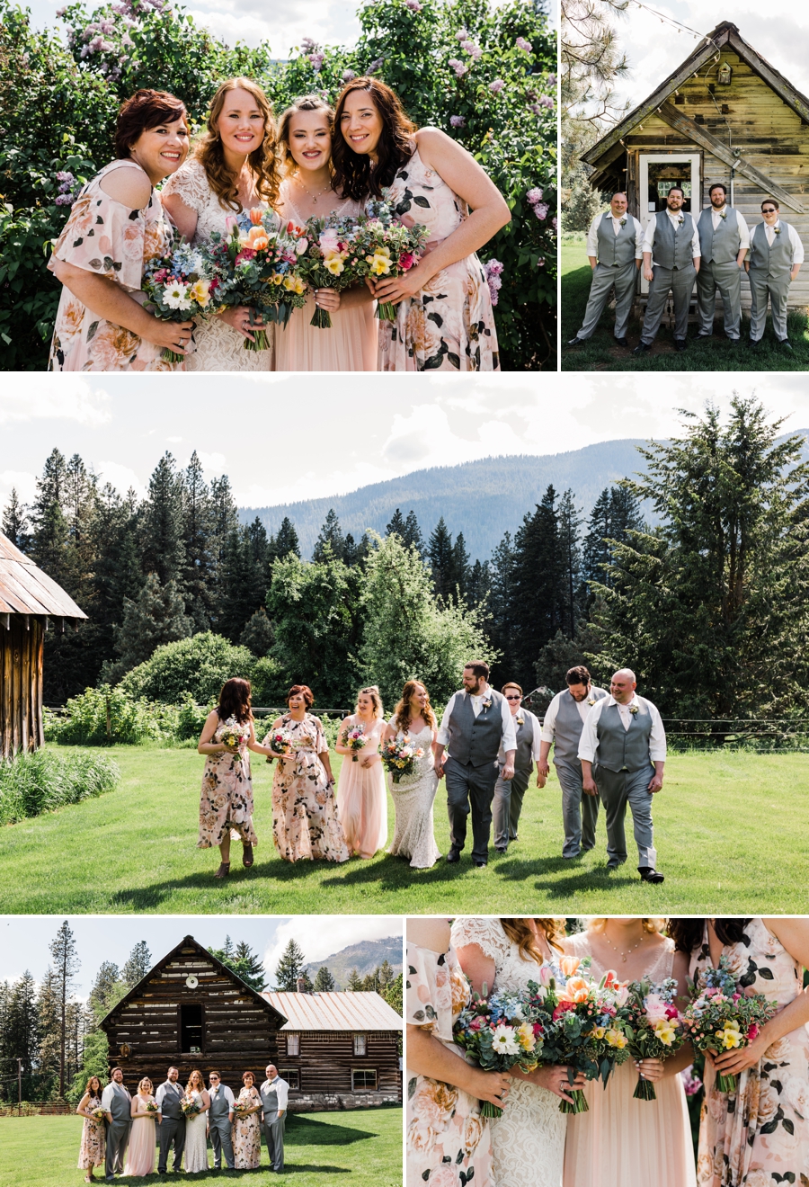 Mountain Wedding Photography by Amy Galbraith at the Brown Family Homestead in Leavenworth, Washington with floral bridesmaid gowns