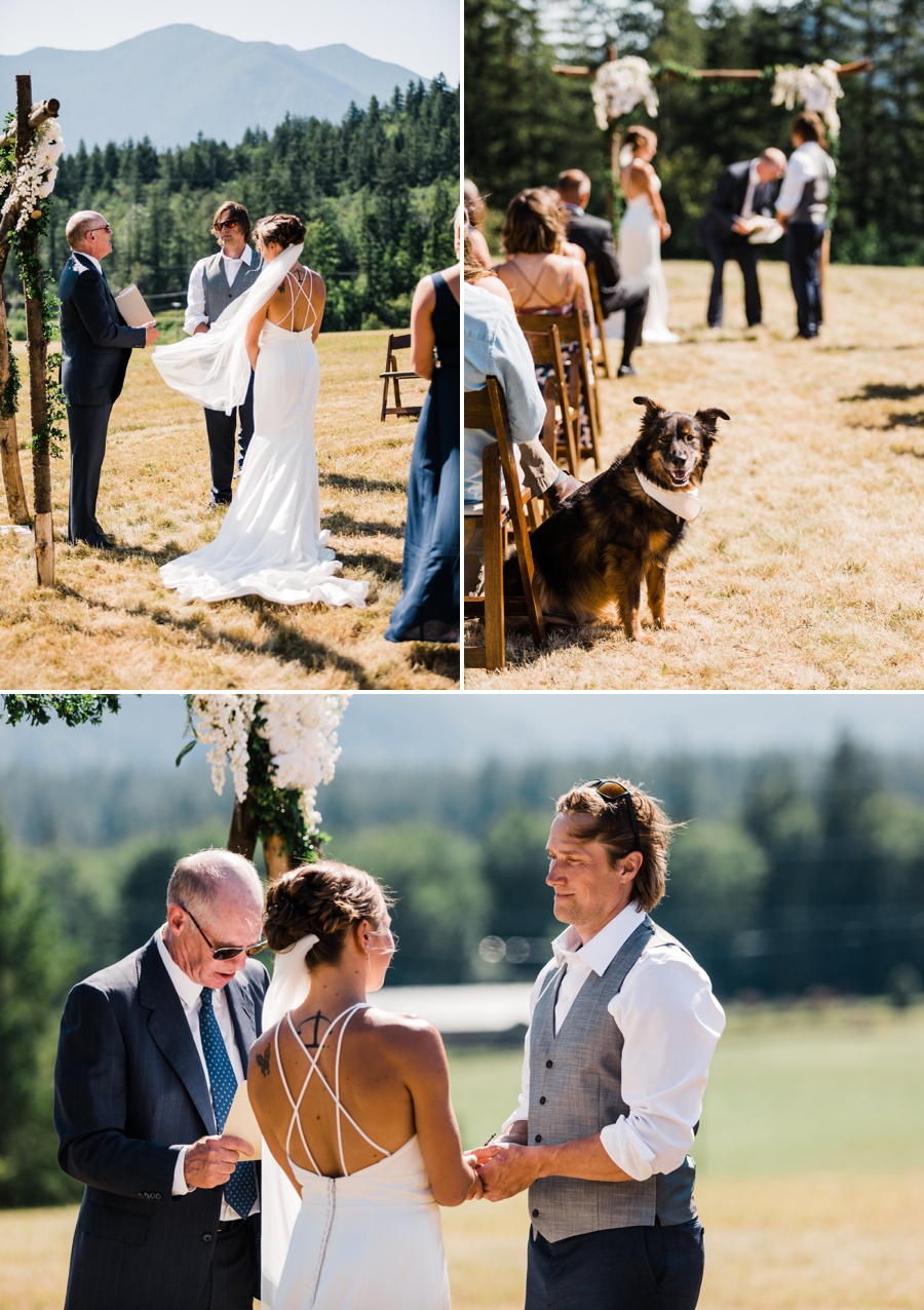 A couple's dog participates in a wedding ceremony on the Olympic Peninsula