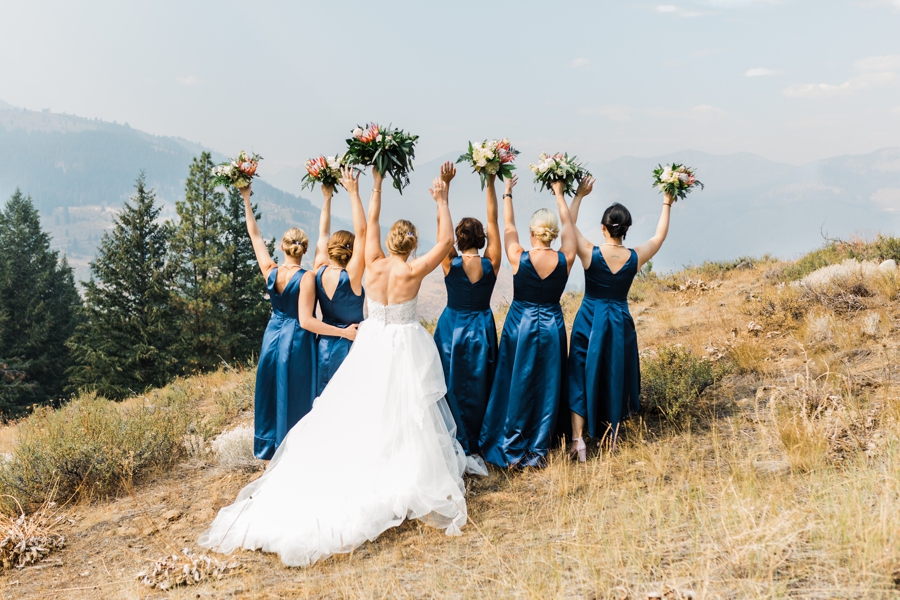 Navy Blue Satin Bridesmaids Dresses at a wedding at Sun Mountain Lodge photographed by mountain wedding photographer Amy Galbraith