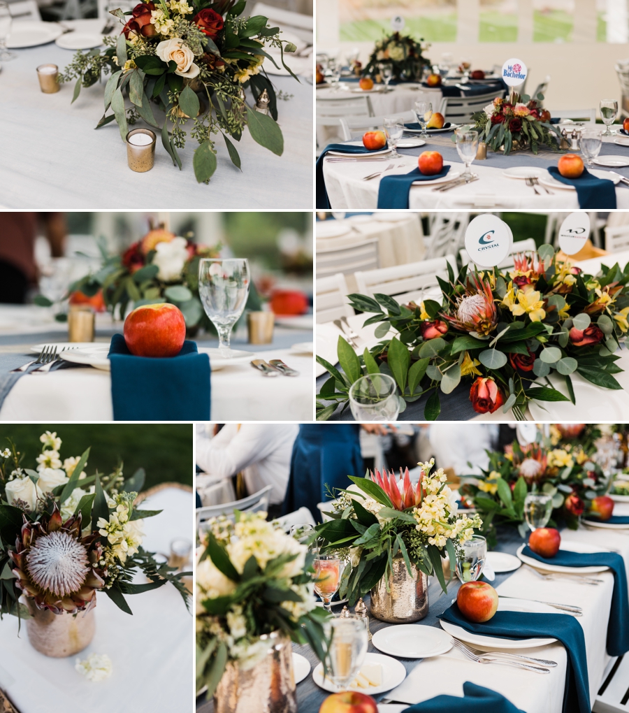 Protea Flowers in Wedding Centerpieces for navy wedding colors at Sun Mountain Lodge Wedding photographed by Amy Galbraith