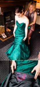 A bride gets ready for her wedding at Salish Lodge wearing an emerald green wedding gown