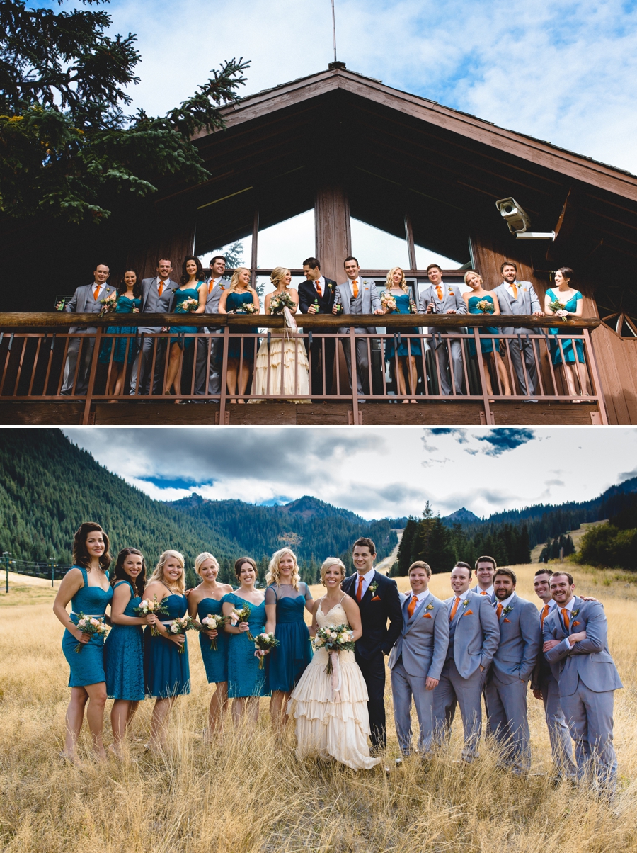 Pacific Northwest Fall Wedding at Crystal Mountain - Photography by Lucas Mobley - Grey suits and teal bridesmaids dresses