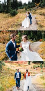 A bride and groom walk down the trail together on the day of their hiking elopement near Mt Rainier