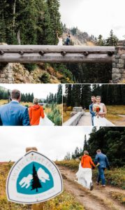 A bride and groom hike on the PCT during their hiking elopement in washington