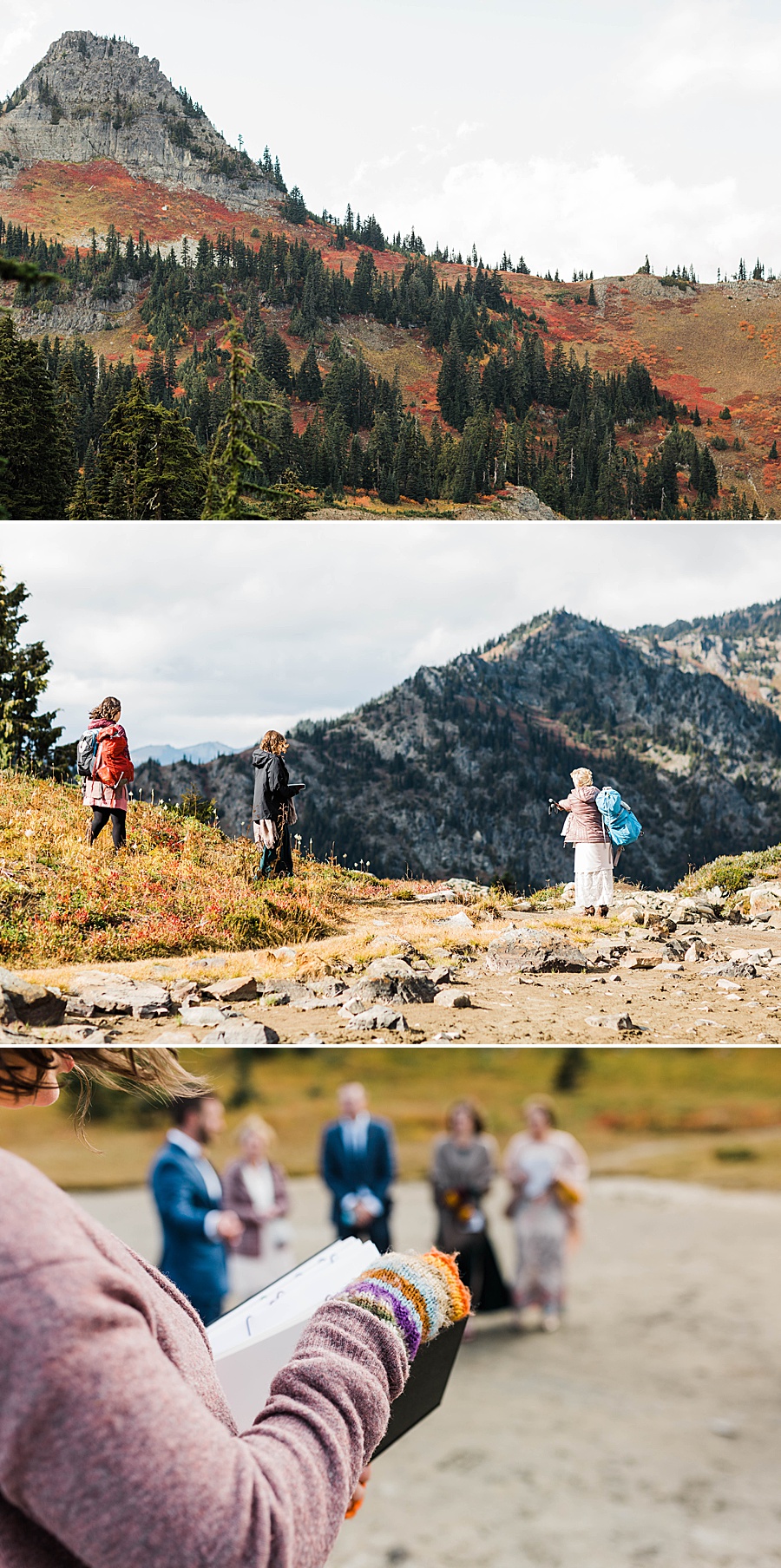 A small group of guests gathers for a wedding ceremony on a trail near Chinook Pass