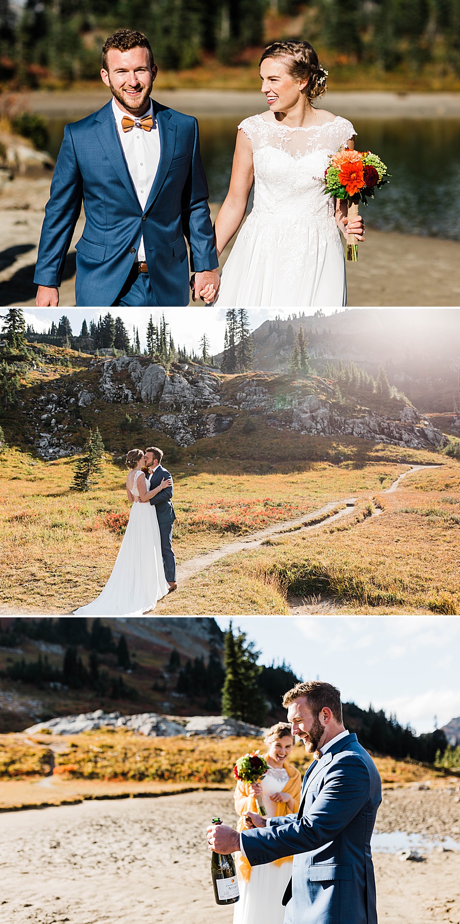 A bride and groom pop champagne at an alpine lake near Mt Rainier