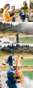 A bride and groom walk together next to a beautiful turquoise alpine lake near Chinook Pass