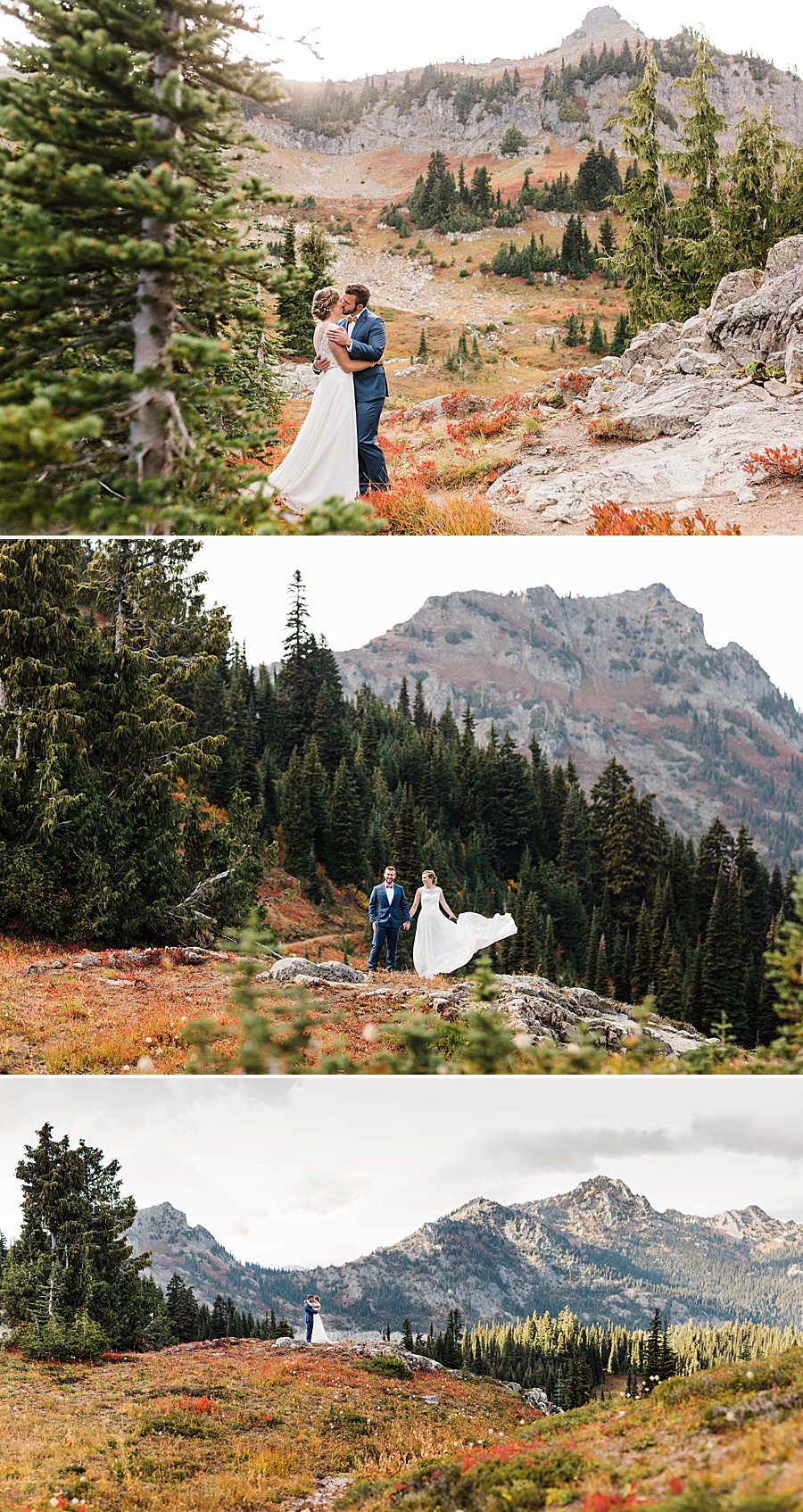 A bride and groom among mountain vista scenes on a beautiful fall day near Chinook Pass during their hiking elopement by Amy Galbraith
