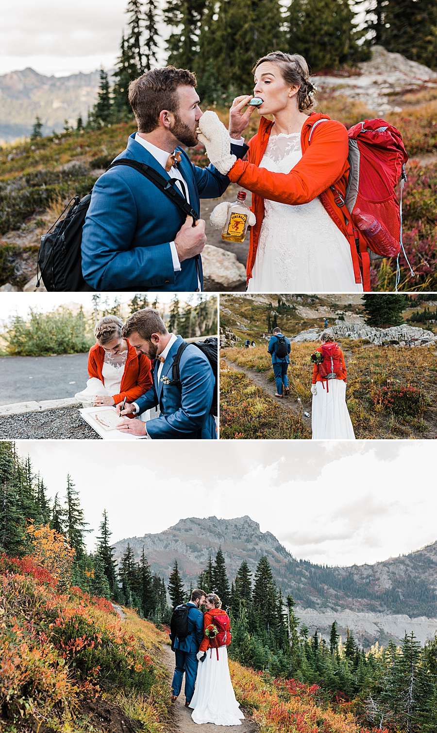 A bride and groom celebrate and walk down the trail after their beautiful backcountry wedding ceremony off of the PCT in Washington