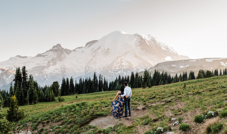 Mt Rainier Engagement Photos during Wildflower Season captured by Seattle Adventure Wedding Photographer Amy Galbraith
