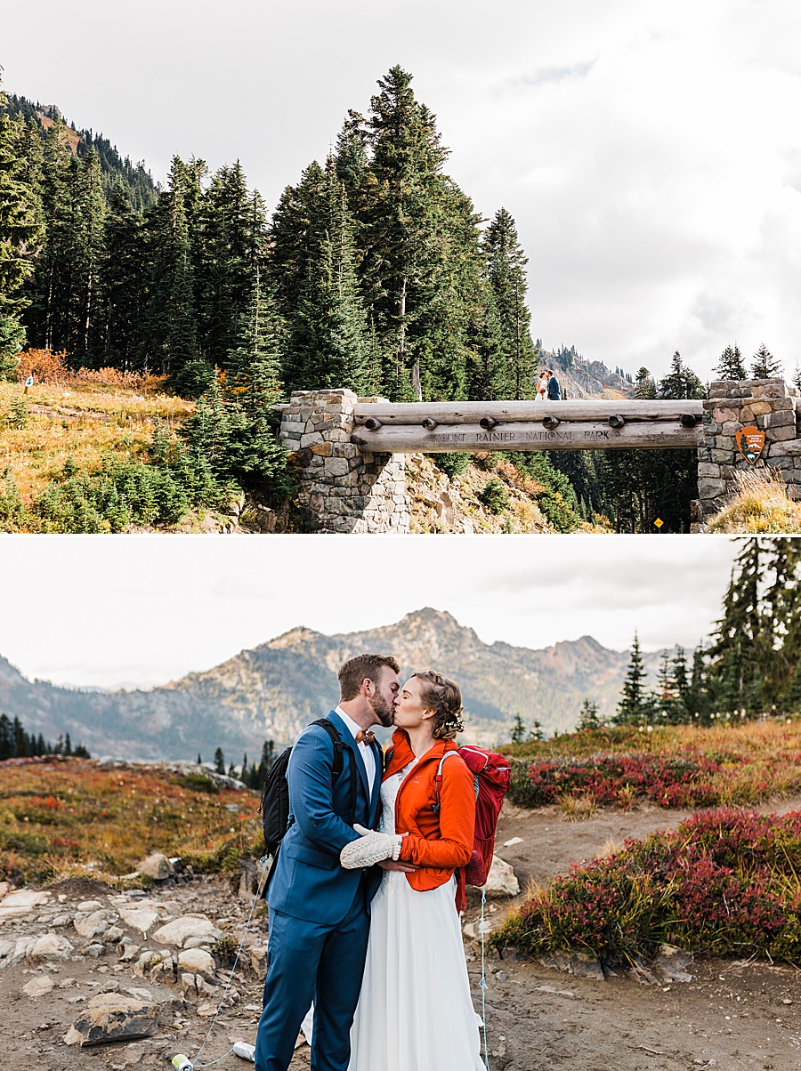 A fall hiking elopement with mountain wedding photographer Amy Galbraith at Mt Rainier National Park