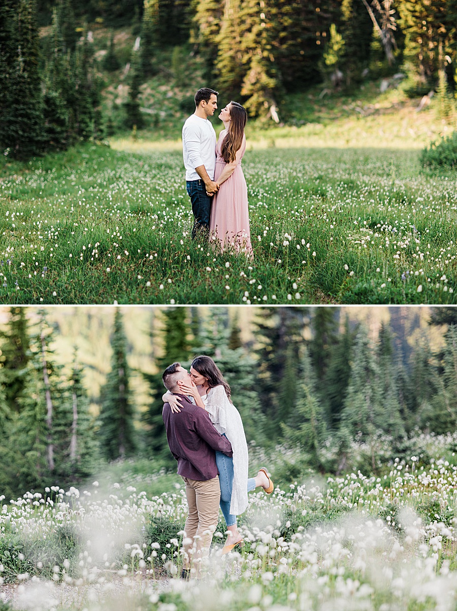 Couples enjoying the fields of wildflowers at Mt Rainier National Park by adventure wedding photographer Amy Galbraith