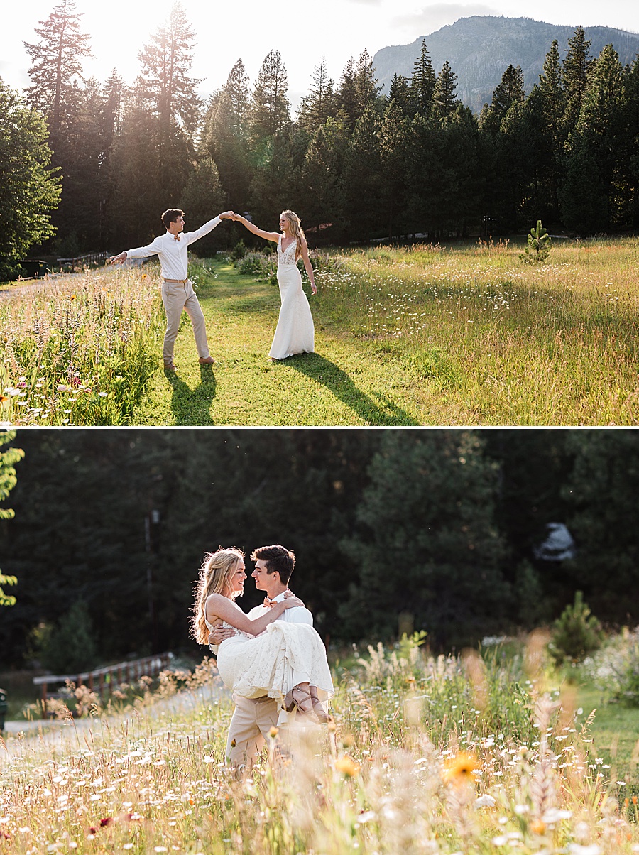 A couple dances in a field of wildflowers at their mountain wedding in Leavenworth, Washington by adventure wedding photographer Amy Galbraith